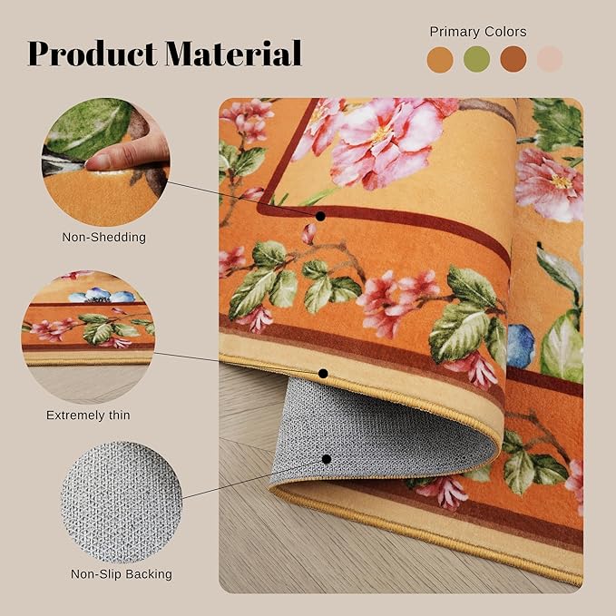 Bedroom Rug 3x5 Rug Washable Area Rug Non Slip Low Pile Floral Bird Magpies Animal Small Carpet for Bedroom, Bedside, Kitchen, Entryway, Kids Room, Office, College Dorm Essentials for Girls