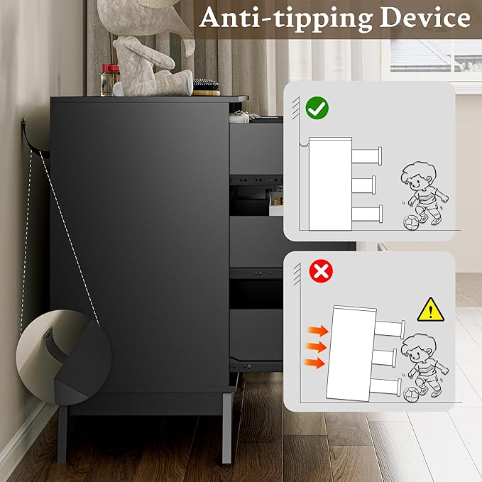 Fluted Dresser for Bedroom with 7 Drawer, Mid Century Modern Chest of Drawers, 48" Wide Natural Wood Dresser for Closet, Wooden Boho Chest Closet Storage TV Stand for Bedroom, Black