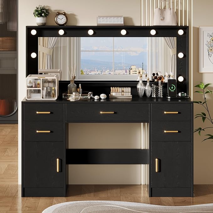44.8" Large Vanity Desk with Lighted Mirror & Power Outlet, Black Makeup Vanity Desk with Mirror and Lights, Black Vanity Table with 5 Drawers and 2 Cabinets, Dressing Table for Bedroom
