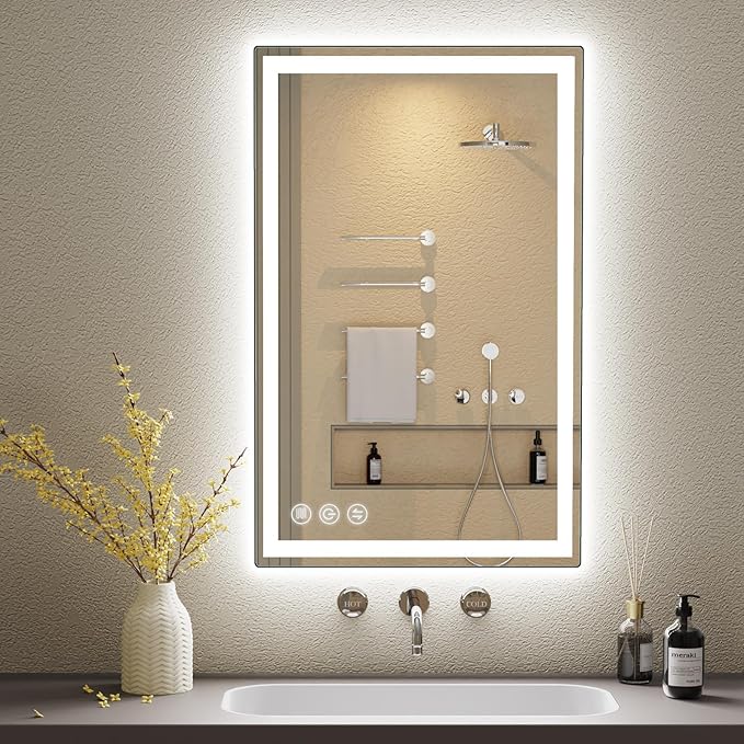 LED Bathroom Mirror 24"x 40" with Frontlit and Backlit, Anti-Fog, Stepless 3 Colors Temperature & Dimmable, Memory Tempered Glass