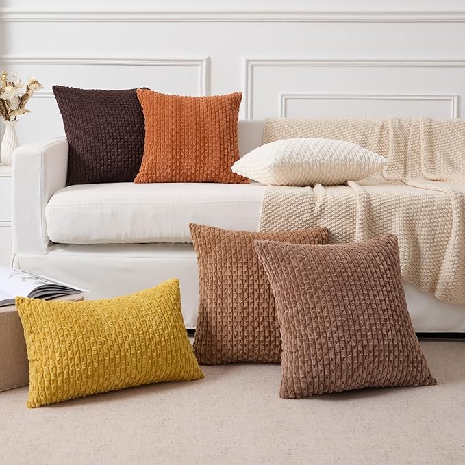 Kevin Textile Decorative Pillow Covers Set of 2 Striped Plush Corduroy Pillows Pillowcases Boho Home Decor Cushion Covers for Couch Sofa Bed Living Room 16x16 Inch, Coffee