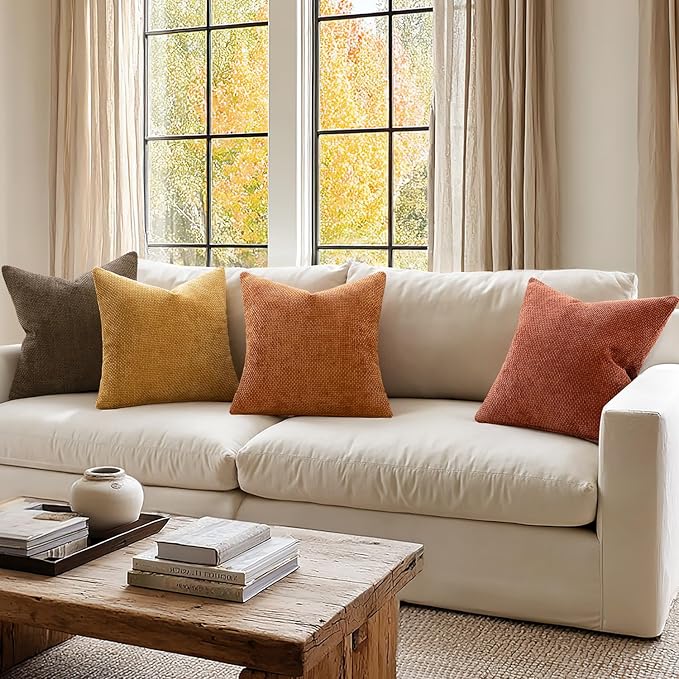 MIULEE Pack of 4 Fall Orange/Yellow Couch Throw Pillow Covers 20x20 Inch Halloween Soft Decorative Chenille Pillows Farmhouse Accent Cushions for Boho Home Decor Spring Sofa Bedroom Living Room