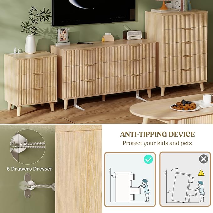 Lulive Dresser for Bedroom Wood Dressers Chest of Drawers, Fluted 53.2" Wide Modern Long Dresser TV Stand 6 Drawers for Bedroom, Closet, Living Room, Hallway (Natural)