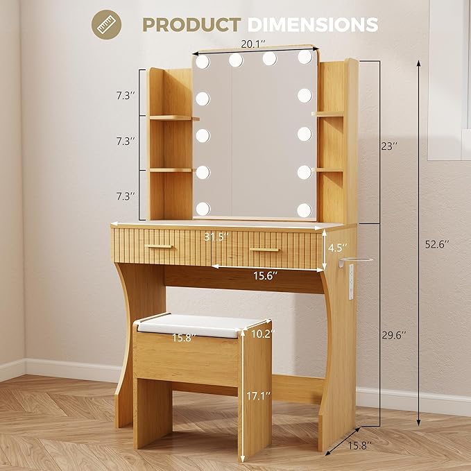 Small Vanity Desk with Mirror and Lights, Makeup Vanity Desk with 3 Color Modes Adjustable Bulb, 2 Large Drawers and 4 Open Storage Shelves, Natural Vanity with Charging Station for Bedroom