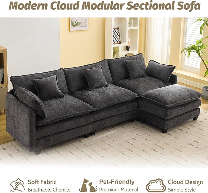 111'' Sectional Cloud Deep Seat Couch, Modern Comfy Chenille L Shaped Sectional Sofa for Living Room Set, Upholstered Modular 4-Seats Sofa Couch with Movable Ottoman, Dark Grey