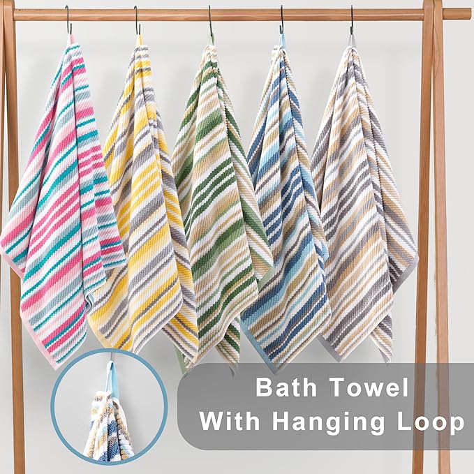 Quick Dry Bath Towels for Bathroom, 4 Pack 28"x52" - 100% Cotton | Soft | Absorbent | Lightweight, Bath Towels with Hanging Loops, Luxury Towel Set for Showering & Guset, Yellow and Gray Stripe