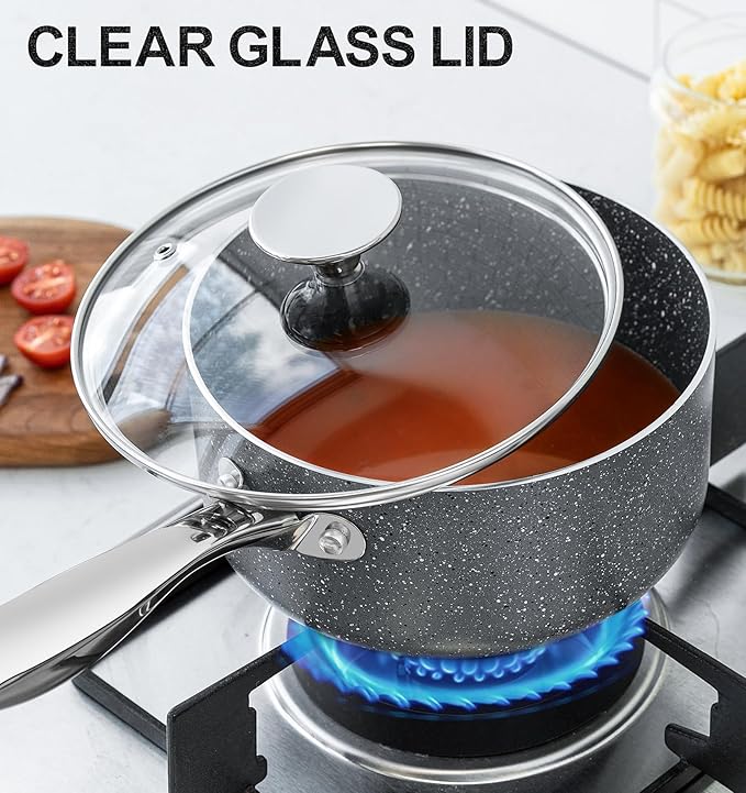 MICHELANGELO Sauce Pans with Lids, Granite Saucepan Set of 3, 1.5Qt & 2Qt & 3Qt Nonstick Small Pots with Non-Toxic Coating, All Cooktops Compatible