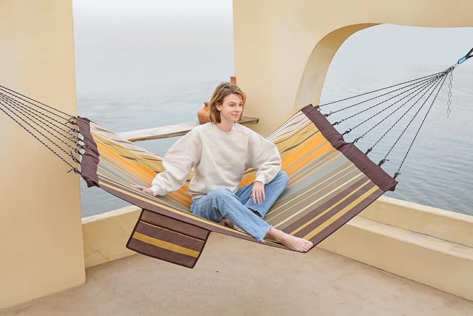 14ft Two Person Outdoor Hammock, Portable Camping with Folding Steel Spreader Bar, Carrying Bag, Carabiners, Tree Straps, Pillow & Sidebag, Quick Dry Textilene, 550 lbs Capacity (Coffee)