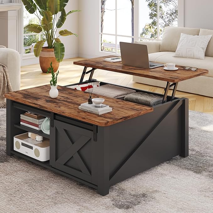 SEDETA 31.5" Lift Top Coffee Table with Storage, Square Coffee Tables for Living Room, Farmhouse Coffee Table with Large Hidden Storage Compartment and Adjustable Shelves, Black