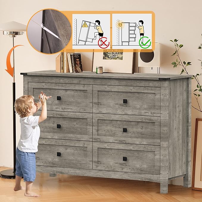 Wood 6 Drawer Dresser & 2 Nightstand Set for Bedroom, Wide Drawer with Farmhouse Handle for Bed Room, Hallway, Rustic Grey