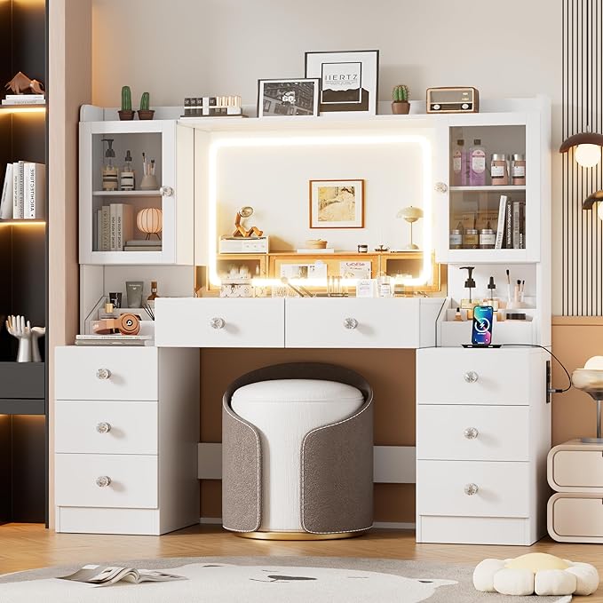 PAKASEPT 55.1" Large Vanity Desk with Mirror and Lights, Makeup Vanity with Power Outlet and 8 Drawers, 3 Lighting Modes Adjustable Vanity Table for Girl Women(White)