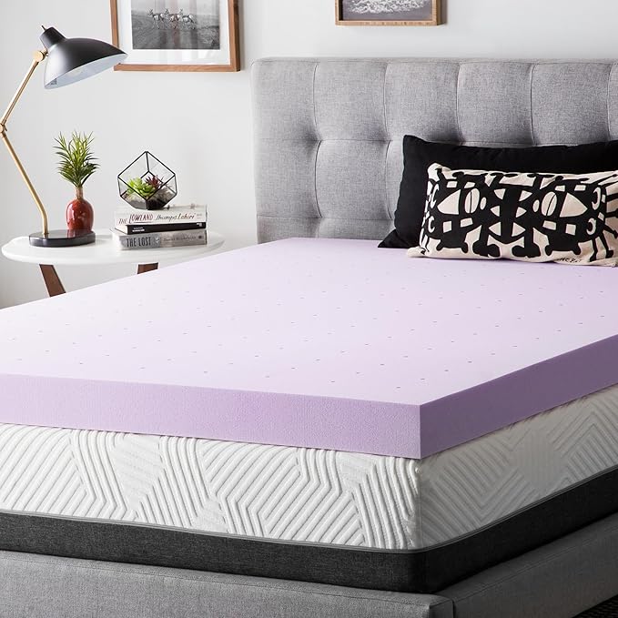 Lucid 4 Inch Lavender Infused Memory Foam Mattress Topper - Ventilated Design – Pressure Relieving Bed Topper - Mattress Pad – CertiPur Certified - California King Size