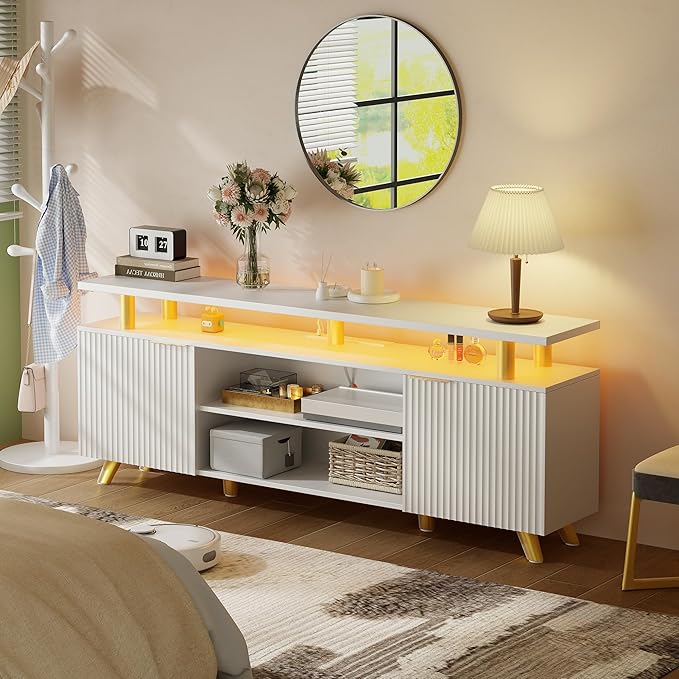 Lulive Luxury Fluted TV Stand for 60/65/70 Inch TV with Power Outlet & LED Light, Modern Entertainment Center with Fluted Panel Design, Modern TV Console Table for Living Room & Bedroom, White