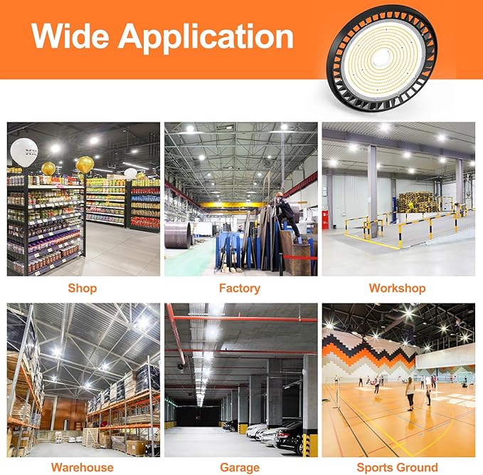 LED High Bay Lights, 240W UFO High Bay LED Shop Lights, 36000LM Adjustable CCT(5700K 5000K 4500K) & Power(240W 200W 150W), 0-10V Dimmable, 5' Cable Plug, IP65 Waterproof, ETL & DLC Listed High Bay