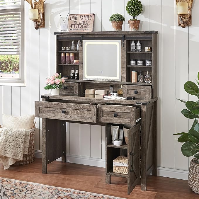 42'' Farmhouse Makeup Vanity Desk with Sliding Mirror and Lights, Glass Tabletop Vanity Table with Barn Door, 4 Drawers & Hidden Shelves, Rustic Big Vanity Women Dressing Table, Light Oak