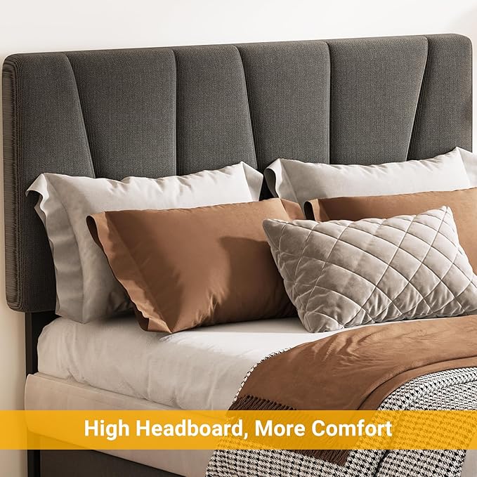 GarveeHome Twin Size Bed Frame with Adjustable Headboard and 2 Storage Drawers, Soft Upholstered Platform Bed Frames with Wooden Slats Support, No Box Spring Needed, Dark Grey