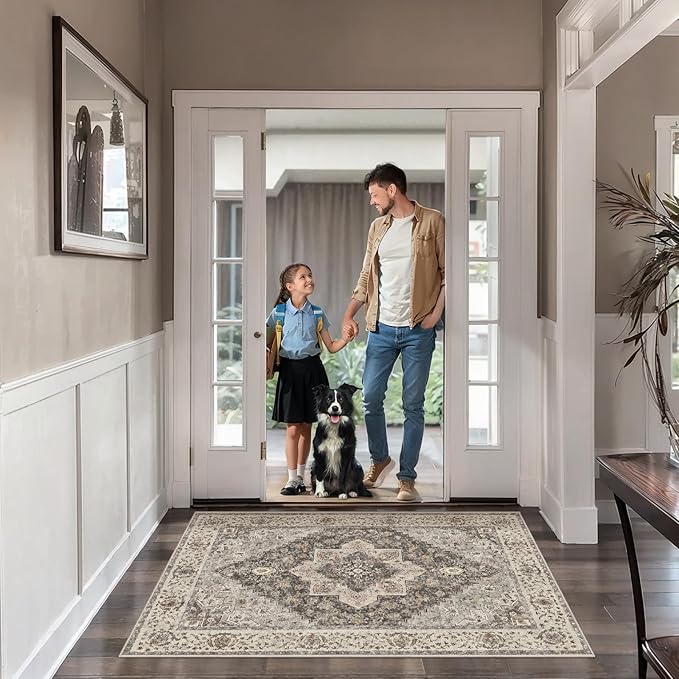 Tangsoo 2.6x8 Washable Runner Rug for Hallways, Non Slip Vintage, Soft Low Pile Long Runner, Print Distressed Brown/Grey Carpet Runners for Kitchen Bedroom Entryway Bathroom Living Room