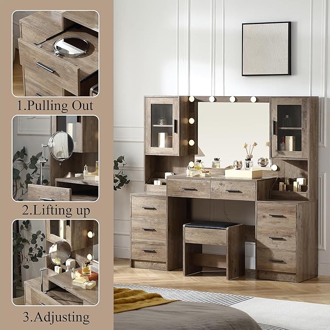 Extra Large Vanity with Folding Up Mirror and Lights,58.3'' Makeup Vanity Desk with Mirror and Lights,Outlet, Chair and Two Makeup Organizers,Dressing Table for Bedroom,Grey