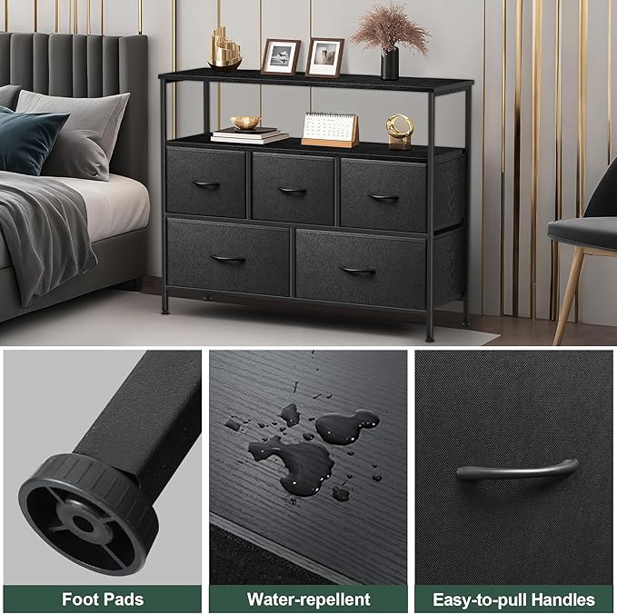 TV Stands for 42 inches TV, TV Stands for Living Room, Entertainment Center with Storage, TV Console with Open Shelves (Black and Charcoal Black)