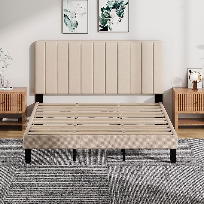 King Size Bed Frame with Headboard,Fabric Upholstered Platform Bed Frame with Wooden Slats Support,No Box Spring Needed/Non-Slip Without Noise/Easy Assembly, Beige