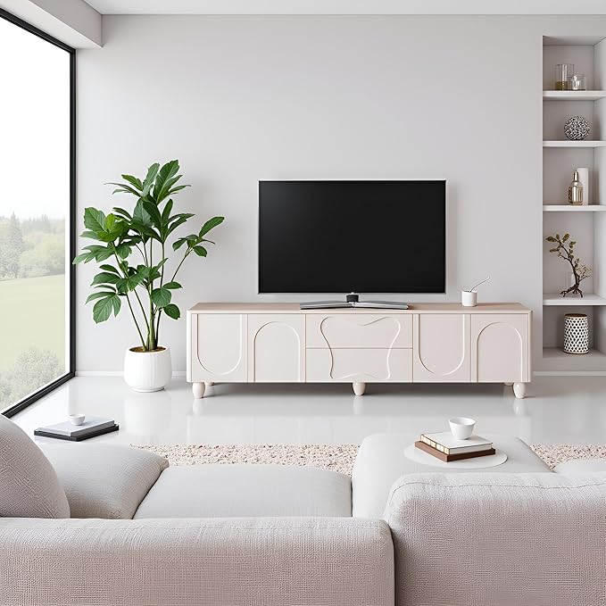 79 inch TV Stand for 75 inch TV, Modern White TV Stand with Storage, Entertainment Center with Cord Management for Living Room Bedroom