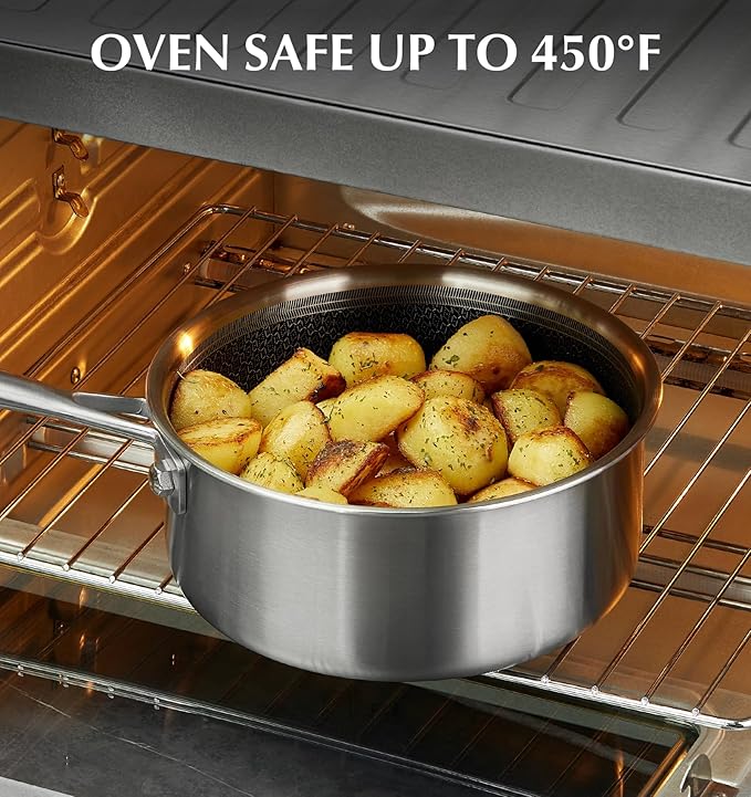 KOCH SYSTEME CS Hybrid Nonstick Stainless Steel Saucepan Set, 6-Piece Triply Stainless Steel Saucepan Set with Hybrid Honeycomb Interior, 1QT & 2QT & 3QT Sauce Pans, Induction Ready, Steel Pot Set