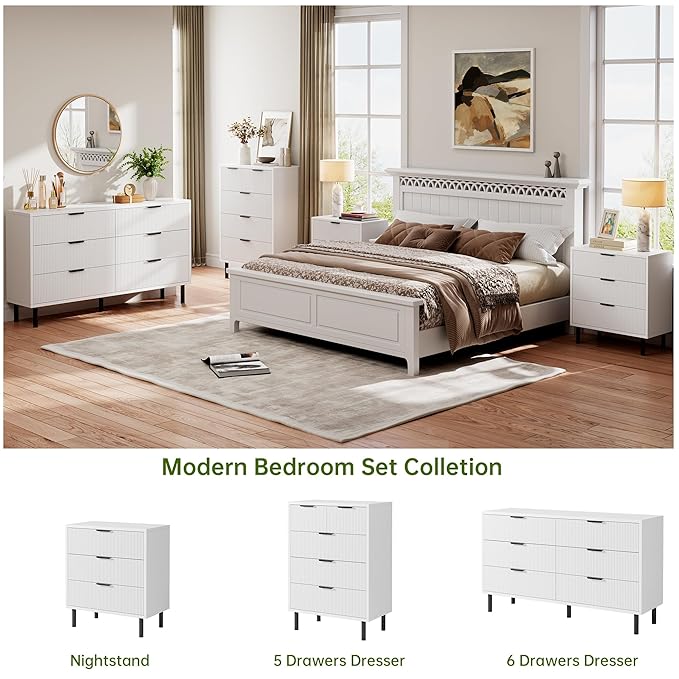 GarveeHome White Fluted 6 Drawer Dresser, Wide Wood Double Dresser with Metal Legs and Handles, Modern Chest of Drawers with Anti-Tipping Design for Bedroom Living Room, Hallway