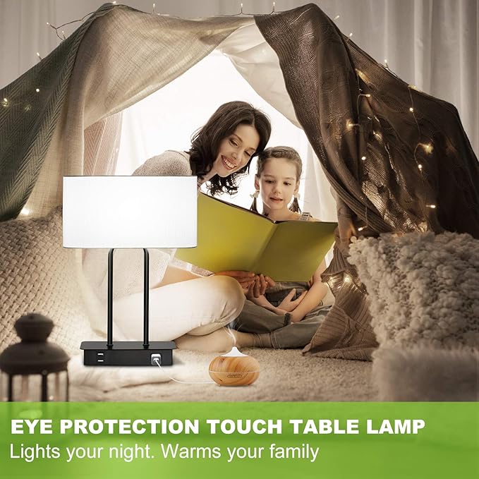 Bedside Touch Control Table Lamp with Dual USB Charging Ports 1 AC Outlet, 3 Way Dimmable Modern Nightstand Lamp with White Fabric Shade, Desk Lamp for Bedroom Living Room Office with 5000K LED Bulb