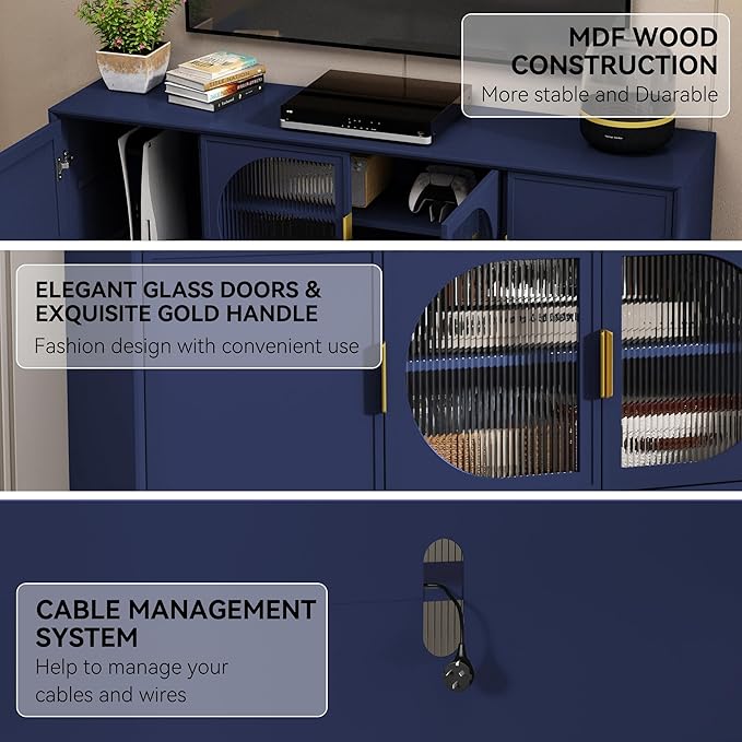 ARTPOWER Modern TV Stand for TVs up to 70+ inch, Glass Door Television Console Table with Gold Leg, Entertainment Center with Storage Cabinet, Wood Media Furniture for Bedroom, Living Room, Blue