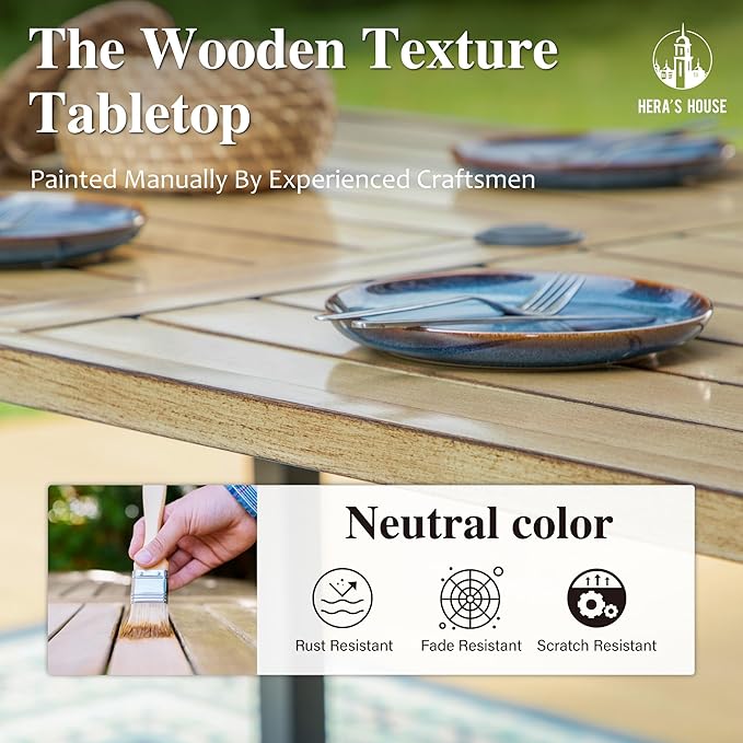 HERA'S HOUSE 7-Piece Outdoor Dining Set for 6, 60" Weather-Resistant Metal Patio Table with 6 Foldable Black Chairs, Perfect for Garden, Backyard, Porch & Lawn (Space-Saving Design)