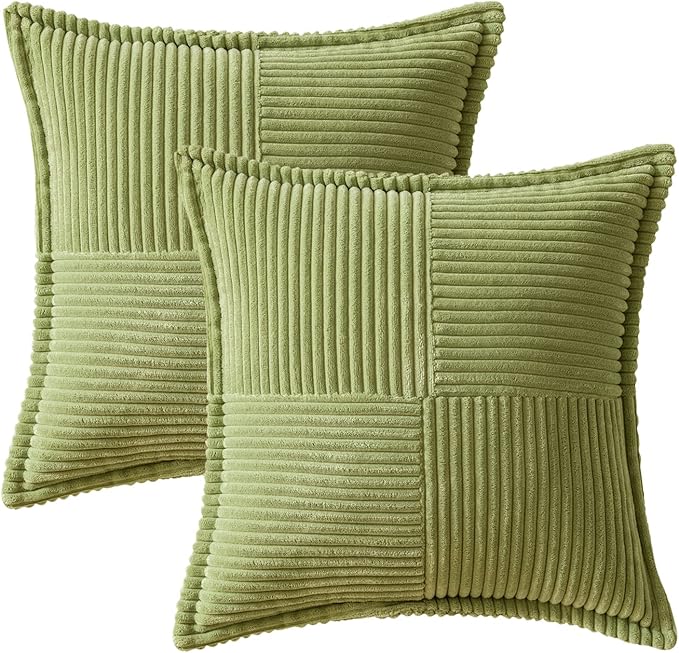 MIULEE Green Corduroy Decorative Euro Sham Pillow Covers 24x24 Inch with Splicing Set of 2 Soft Boho Pillow Covers Broadside Textured Summer Pillowcases for Couch Bed Livingroom