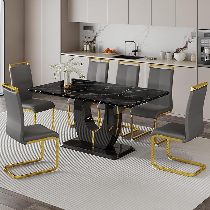 Dining Table Set for 6, Kitchen Table Chairs Set of 6, Modern Dining Room Set with 63 inch Marble Dinner Table PU Leather Upholstered Chairs for Dining Room Kitchen