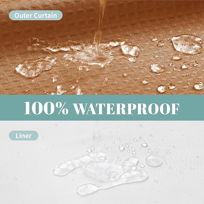 BurntOrange No Hook Waffle Weave Shower Curtain with snap-in Liner Replacement, 230GSM Waterproof Fabric Hotel Shower Curtain Set for Bathroom, Through Mesh Top Window,54Wx80H