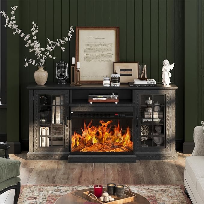 MXV 59'' Fireplace TV Stand, Farmhouse Entertainment Center with 3 Sided Glass TV Stand, Modern Media Console Table with Storage Drawers & Cabinets with LED Flame and Lights for Living Room, Black