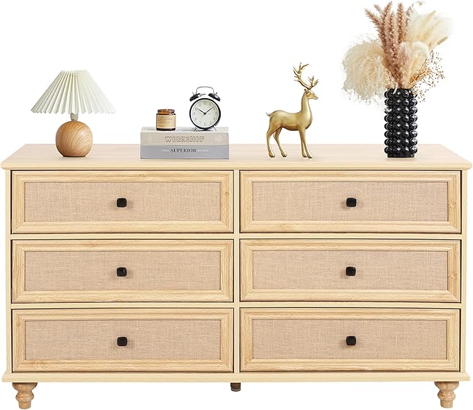 ORRD 6 Drawer Dresser for Bedroom, Mid Century Modern Wide Wood Rustic Chest of Drawers Wooden Storage Organizer Dressers with Burlap Rattan Drawers for Living Room, Hallway Closet, Entryway, Natural