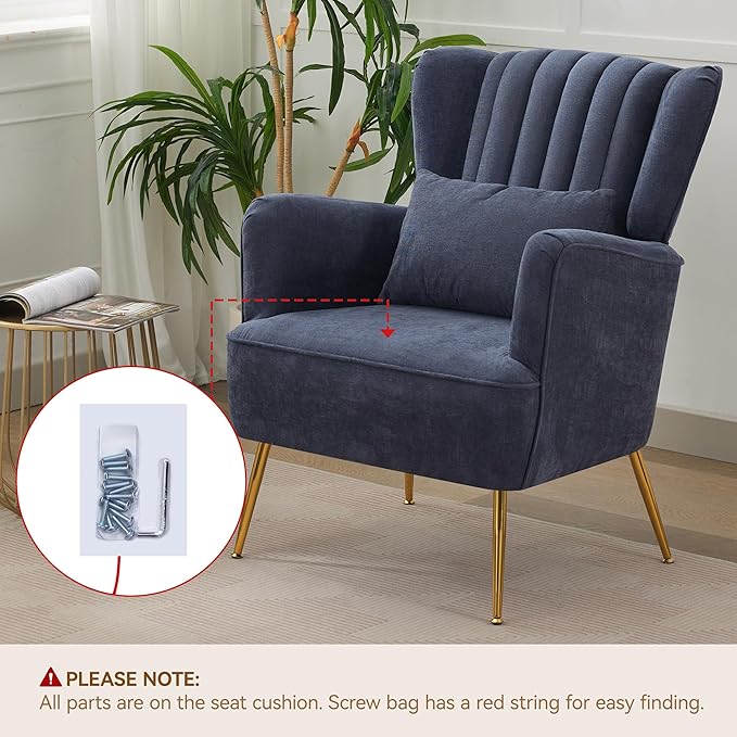 Fabric Accent Living Room Arm Chair with Pillow & Golden Legs, 8.5" Thick Cushion, Mid Century Modern Wingback Chairs Upholstered Comfy Sofa Armchair for Reading Room/Bedroom, Navy