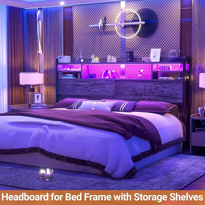 Aheaplus Headboard for King Size Bed with Storage, Headboards with LED Light, Power Outlets, USB Ports King Size Head Board, Wood headboard Only Sturdy and Stable Headboards, Modern, Black Oak