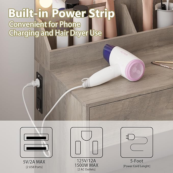 Small Vanity Desk with Mirror and Lights, Makeup Vanity Desk with Adjustable Brightness 3 Light Modes, RGB Storage Cabinet, Power Outlet, Drawer, Shelves (Driftwood Grace)