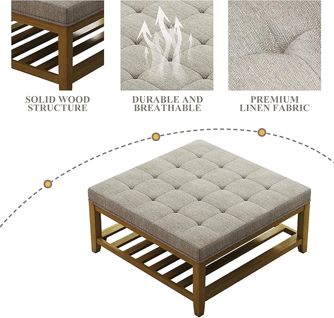 Large Square Ottoman Coffee Table, Linen Solid Upholstered Footrest Ottoman with Solid Wood Shelf Storage Tufted Coffee Table for Bedroom Living Room, Linen