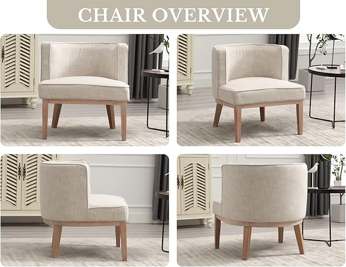 Barrel Chairs Set of 2 Mid Century Modern Accent Chair with Solid Wood Leg Upholstered Reading Arm Chairs Linen Fabric Waiting Room Round Side Chairs for Small Spaces Living Room Bedroom Office, Beige