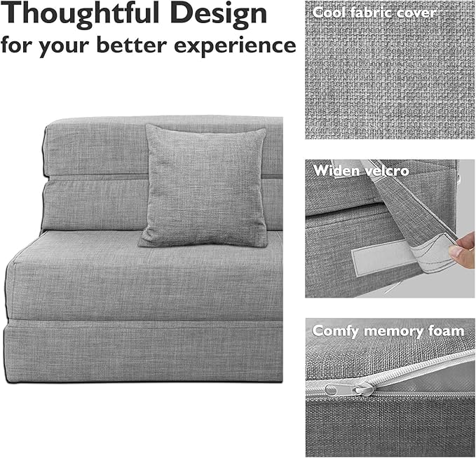 ANONER Folding Sleeper Chair Sofa Bed Lazy Couch with Pillow, Twin Size, Light Gray