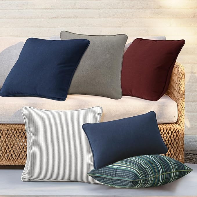 Sunbrella Decorative Outdoor Water Repellent Throw Pillows with Inserts, Set of 4, 18" x18" Pillows for Patio, Backyard, Bed, Couch, and Patio Furniture, Beach Stripe Lagoon