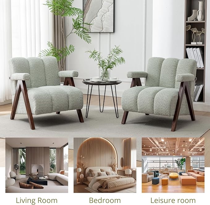 Mid Century Modern Accent Chairs Set of 2 with Solid Wood Frame, Boucle Upholstered Living Room Chairs with Thick Cushion, Comfy Tufted Arm Chair for Bedroom, Sage