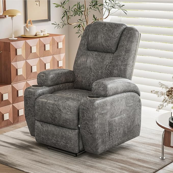 Electric Power Lift Recliner Chair with Massage for Elderly Corduroy Fabric Recliner Single Sofa with Cup Holders, Side Pockets and Remote Control for Living Room Bedroom (Leathaire, Light Gray)