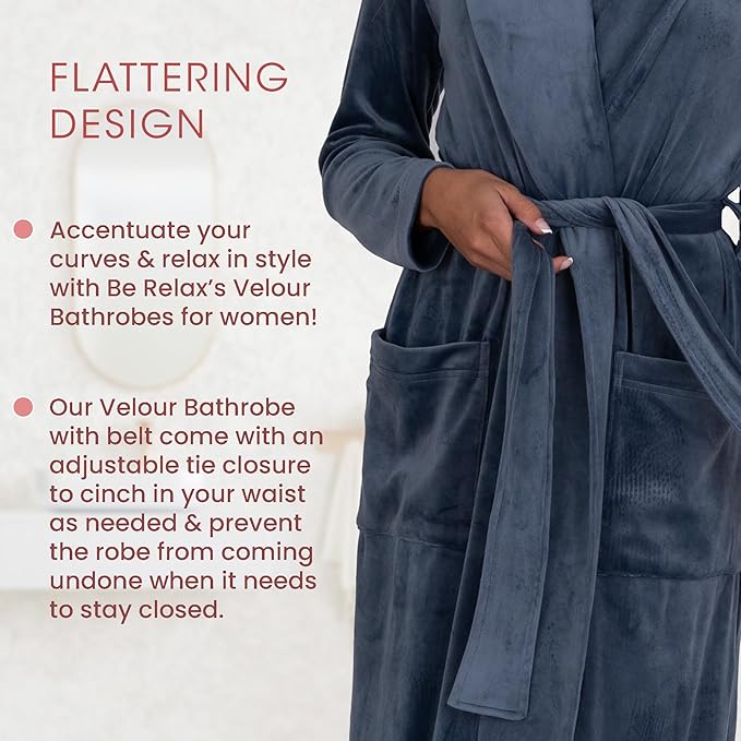 Be Relax Terry Velour Robe - Made of Polyester, Shawl Collar Robe with Belt & Side Pockets, Soft & Warm Bathrobe for Women