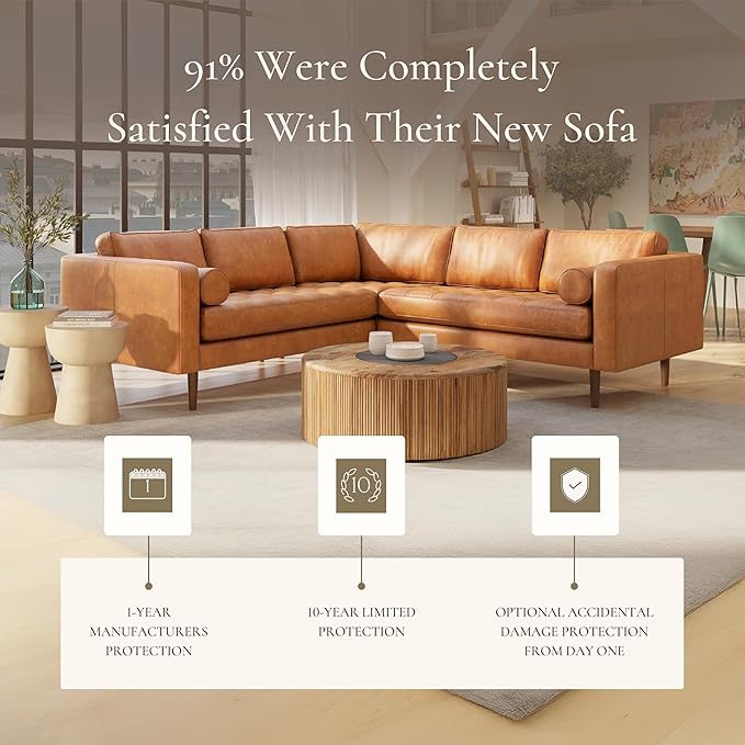 POLY & BARK Napa Leather Corner Sectional Sofa in Full-Grain Pure-Aniline Italian Tanned Leather in Cognac Tan