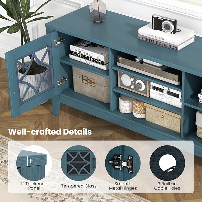Tangkula Farmhouse TV Stand for TVs Up to 65-in, Classic Media Entertainment Center w/Glass Door Cabinets & 4 Adjustable Shelves, Modern TV Console Table w/ 3 Cable Holes for Living Room (Teal Blue)