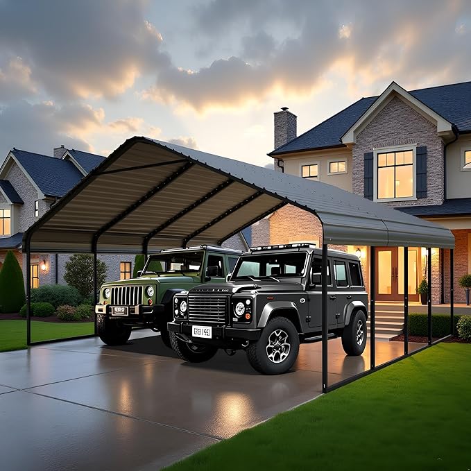 10x20 FT Heavy Duty Metal Carport with Galvanized Steel Roof & Frame – All-Weather Portable Car Garage Canopy Shelter for Cars, Safe Boat Cover for Yard