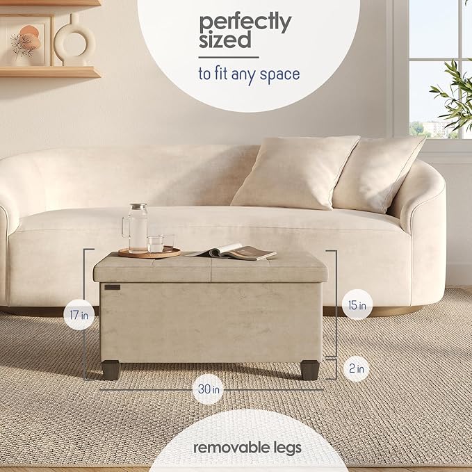 STORAGEBUD Storage Ottoman Bench with Bins, 30-in Storage Bench for Bedroom End of Bed, Folding Foot Rest Ottoman for Living Room Max 660lbs, Velvet Ottomans, Beige