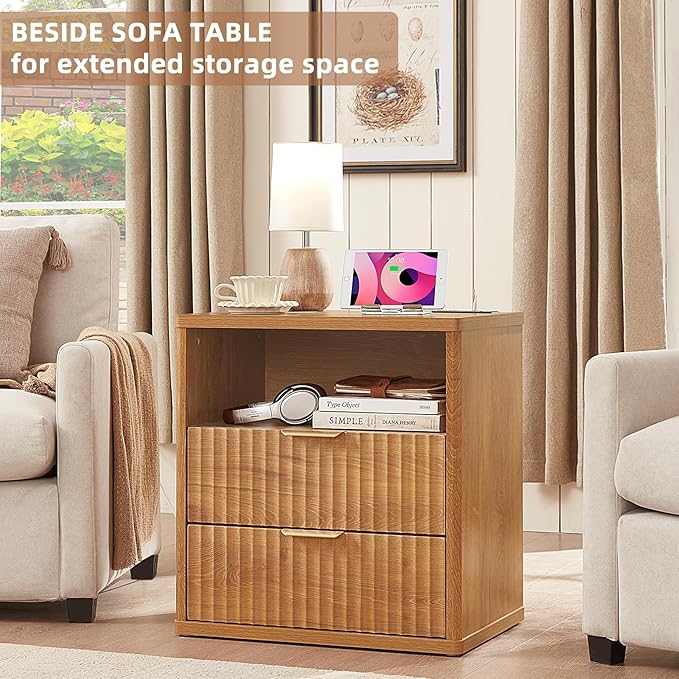 LEYAOYAO Fluted Nightstand Set of 2 with Charging Station,23" Modern Nightstand with Woodgrain Top, 2 Drawer End Table w/Storage, BedsideTables for Bedroom, Living Room, Curved Profile,Brown